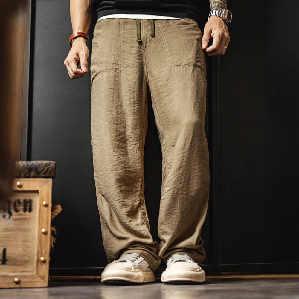 Maden Men's Vintage Chino Pants Lightweight Linen-Blend Trousers with Elastic Waist Casual Khaki Baker Pants for Summer and Fall