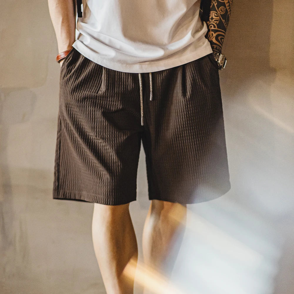 Maden Men's Summer Shorts Wrinkle-Resistant 3D Grid Pattern Straight-Fit Bermuda Shorts with Elastic Waist Short Pants