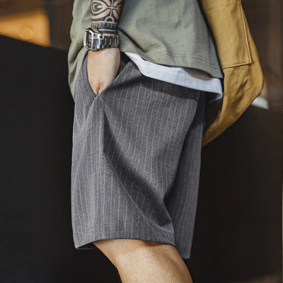 Maden Men's Vintage Vertical Striped Suit Shorts Men's Summer Elastic Waist Straight Leg Office Shorts Business Casual Pants
