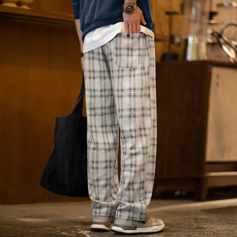 Maden Vintage Checkered Cargo Pants Men's Spring Lightweight Loose Fit Drawstring Waist Straight Trousers Casual Wide Leg Pants