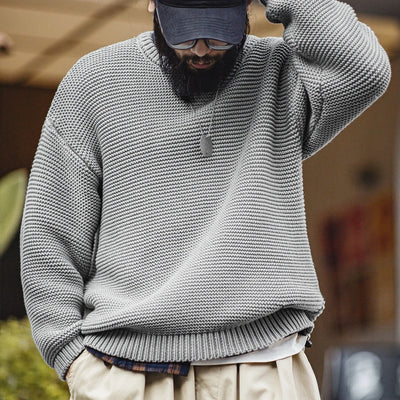 Maden Retro Heavyweight Knitted Sweater Loose Round Neck Pullover Warm Versatile Base Layer Knitwear for Men's Autumn and Winter