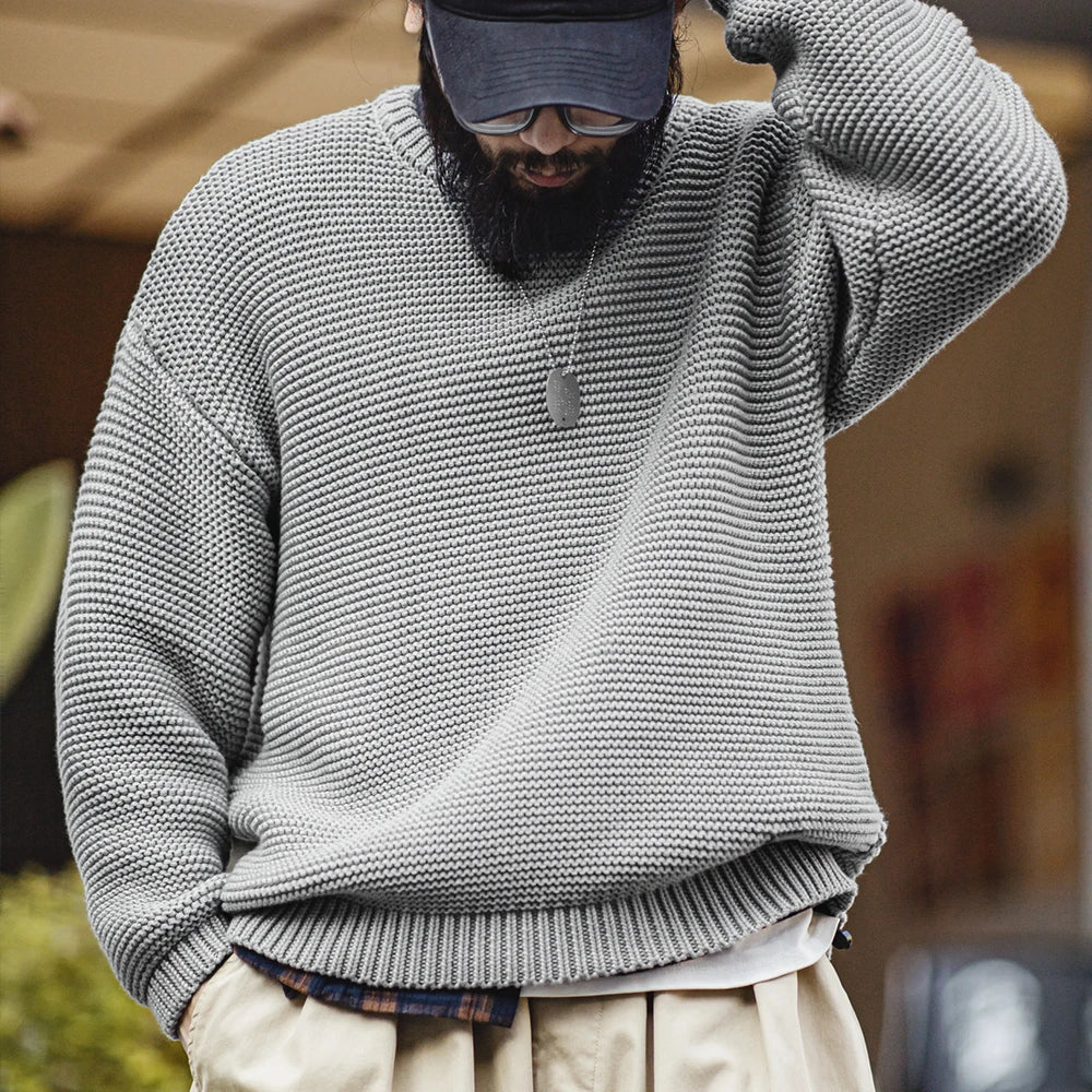Maden Retro Heavyweight Knitted Sweater Loose Round Neck Pullover Warm Versatile Base Layer Knitwear for Men's Autumn and Winter
