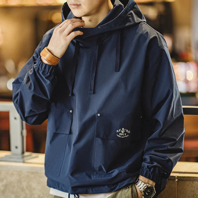 Maden Men's Vintage Deck Smock Hoodies Outdoor Windproof Hoodie Loose Pullover Jacket with Large Pockets Printed Clothing Tops