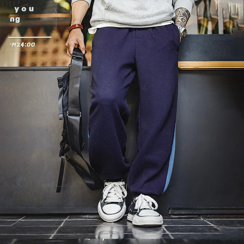 Maden Men's Contrast Joggers Pants Waffle Knit Training Pants with Elastic Cuffs & Drawstring Waist Navy Blue Casual Sweatpants