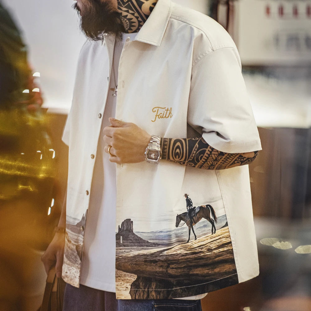 Maden Vintage Inkjet Print Cuban Collar Short Sleeve Shirt Men's Summer Loose Embroidered Letter Single Breasted Vacation Blouse