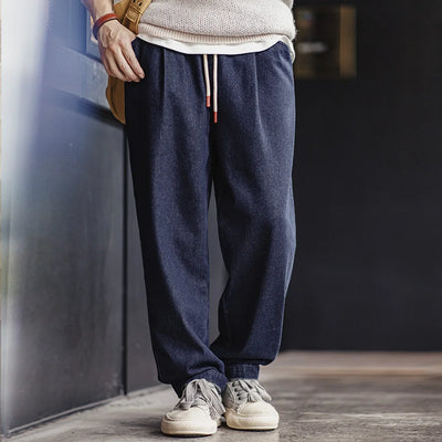 Maden Casual 10oz Jogger Denim Jeans with Elastic Waist Drawstring Washed Straight Trousers for Men's Spring and Autumn