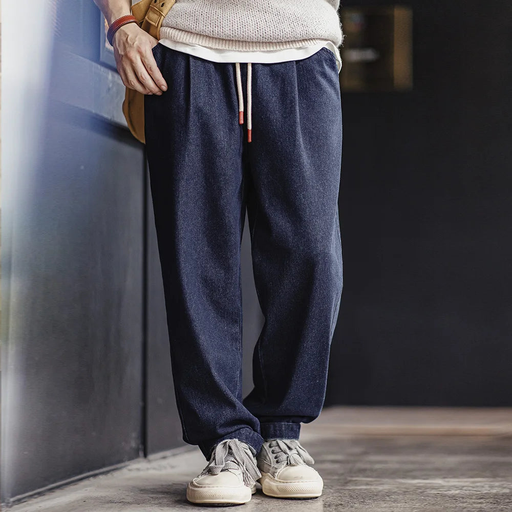 Maden Casual 10oz Jogger Denim Jeans with Elastic Waist Drawstring Washed Straight Trousers for Men's Spring and Autumn