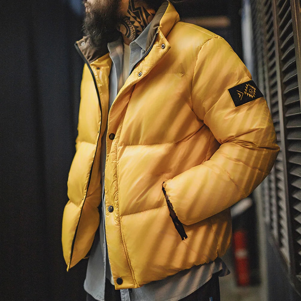 Maden Casual 90% White Duck Down Jacket Yellow Stand Collar Warm Jacket Versatile Puffer Coat for Men Fall and Winter Outerwear
