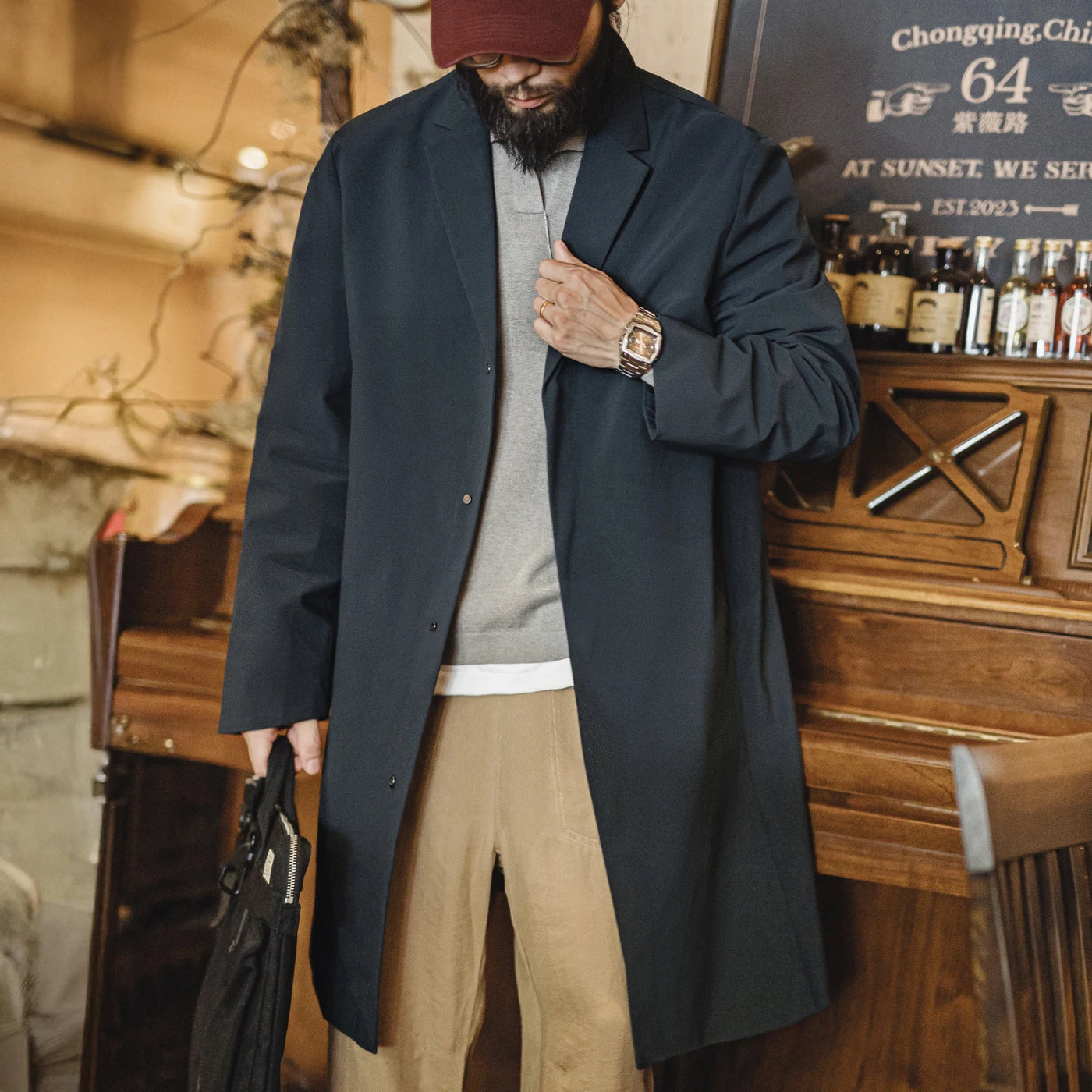 Maden Men's Vintage Commuter Trench Coat Mid-Length Water-Repellent Overcoat Blue Lapel Back Vent Windbreak for Spring Fall