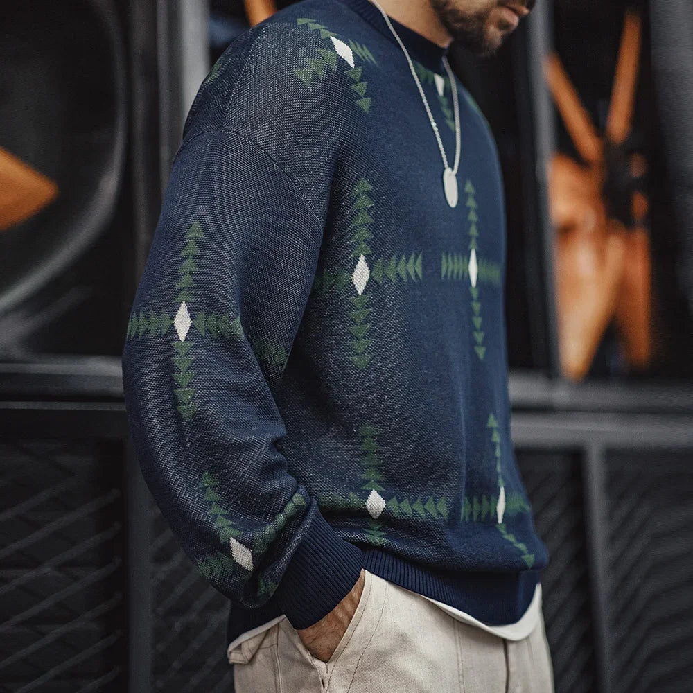 Maden Retro Geometric Pattern Knitted Sweater College Style Christmas Loose Round Neck Pullover for Men's  Fall and Winter Tops