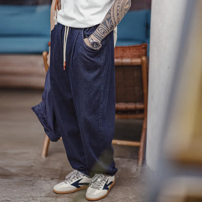 Maden Casual 10oz Jogger Denim Jeans with Elastic Waist Drawstring Washed Straight Trousers for Men's Spring and Autumn