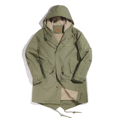 Maden Men's Thick Hooded M-51 Fishtail Cotton Coat Plus Velvet Parka Jacket Green Windbreaker Winter Autumn Men Trench Coat