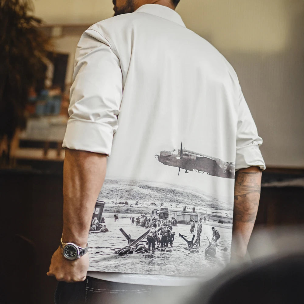 Maden Men's Vintage Printed Long Sleeve Shirt White Cuban Collar Single Breasted Blouse Loose Fit Shirt for Spring and Fall Tops