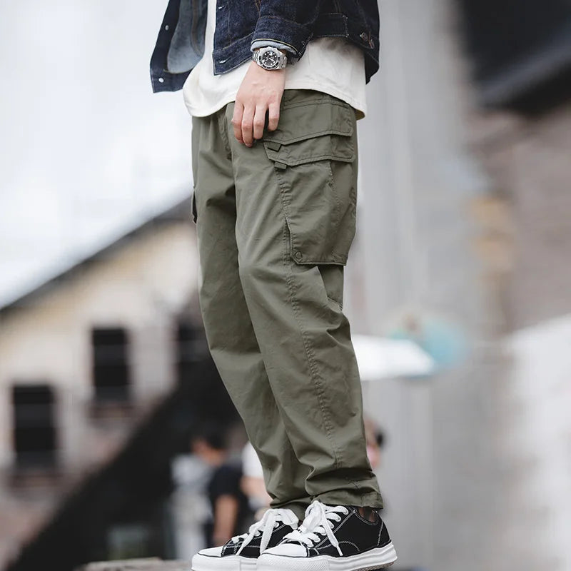 Maden Workwear American Style Large Pocket 3D Cut Leggings Drawstring  Green Cropped Pants Men's Trend