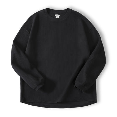 Maden Black Crew Neck Sweater for Men Loose-fit Knitted Hoodie Autumn Casual Drop-shoulder Sleeve Pullover Stretch Ribbed Collar