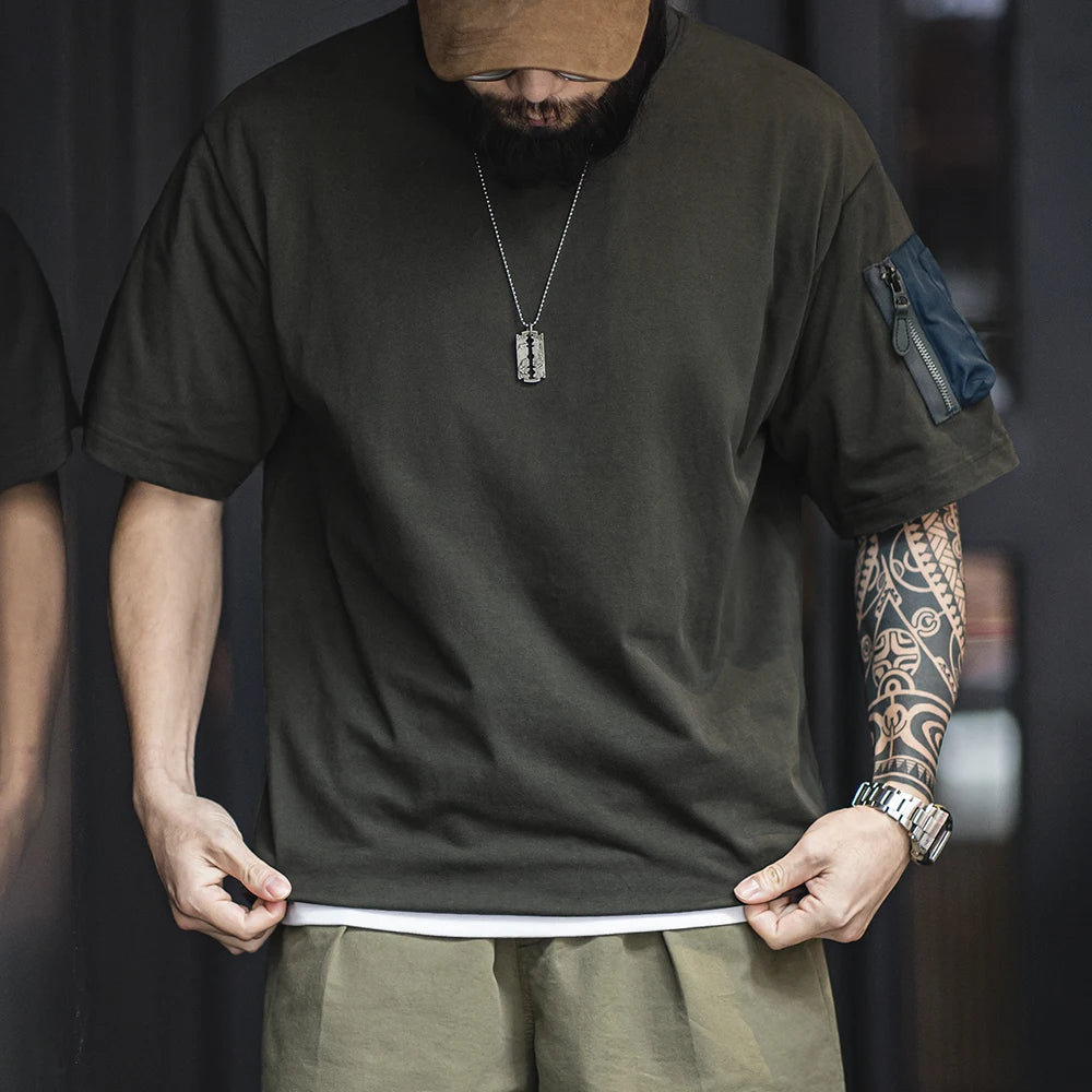 Maden Retro MA1 Pocket Ribbed Round Neck Pure Cotton Short-sleeved T-shirt Fashion Style Loose Silhouette for Men's Summer Tops