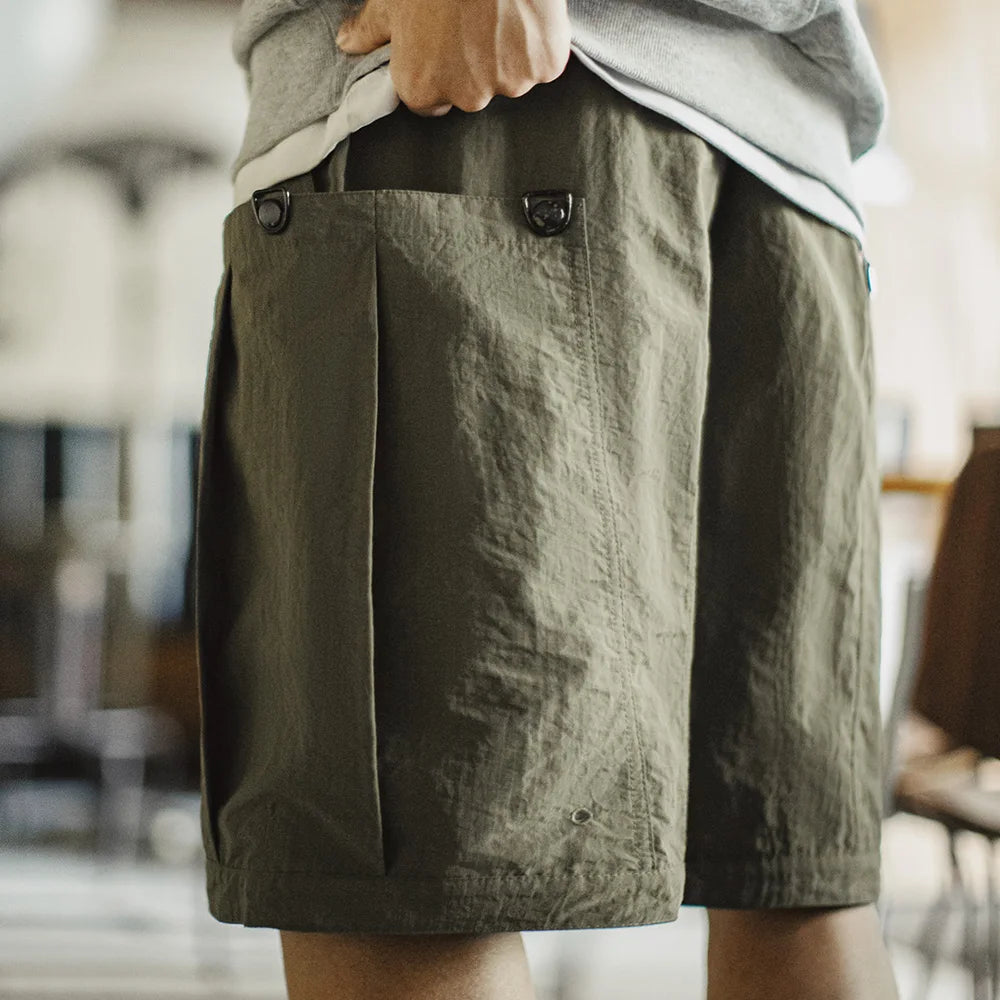 Maden Casual Green Pocket Shorts Men's Summer Lightweight Woven Straight Leg Shorts Elastic Waist Retro Street Versatile Bottoms