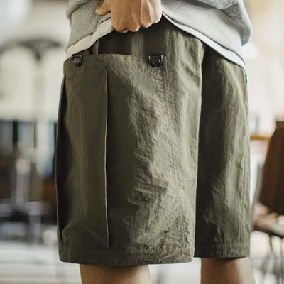 Maden Casual Green Pocket Shorts Men's Summer Lightweight Woven Straight Leg Shorts Elastic Waist Retro Street Versatile Bottoms