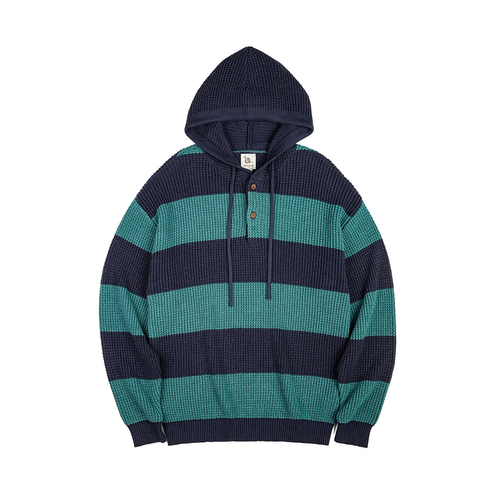 Maden Casual Striped Knit Hoodie for Men's Loose Pullover Sweater with Wooden Button Collegiate Style for Fall and Winter Tops
