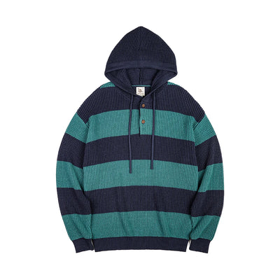 Maden Casual Striped Knit Hoodie for Men's Loose Pullover Sweater with Wooden Button Collegiate Style for Fall and Winter Tops