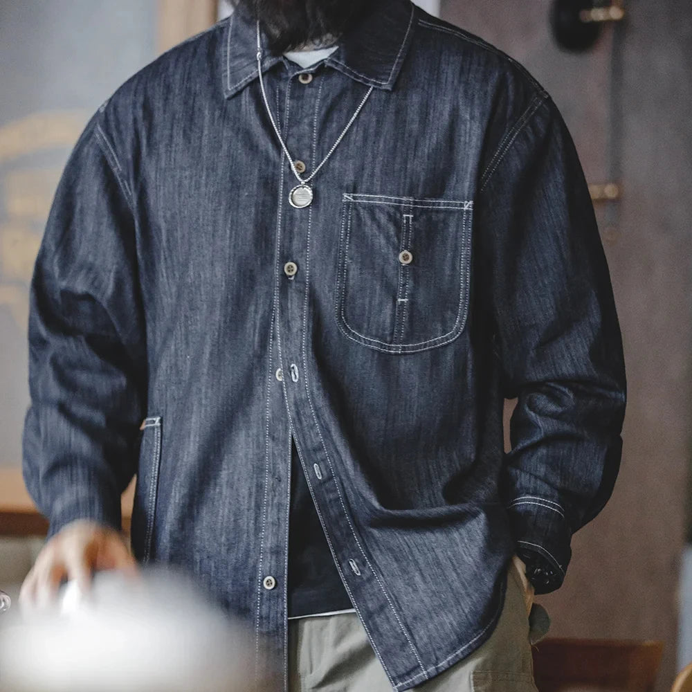 Maden Vintage Washed Denim Long-sleeved Shirt with Large Pocket Single-breasted Loose Lapel Blouses for Men's Autumn Tops
