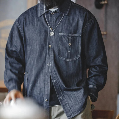 Maden Vintage Washed Denim Long-sleeved Shirt with Large Pocket Single-breasted Loose Lapel Blouses for Men's Autumn Tops
