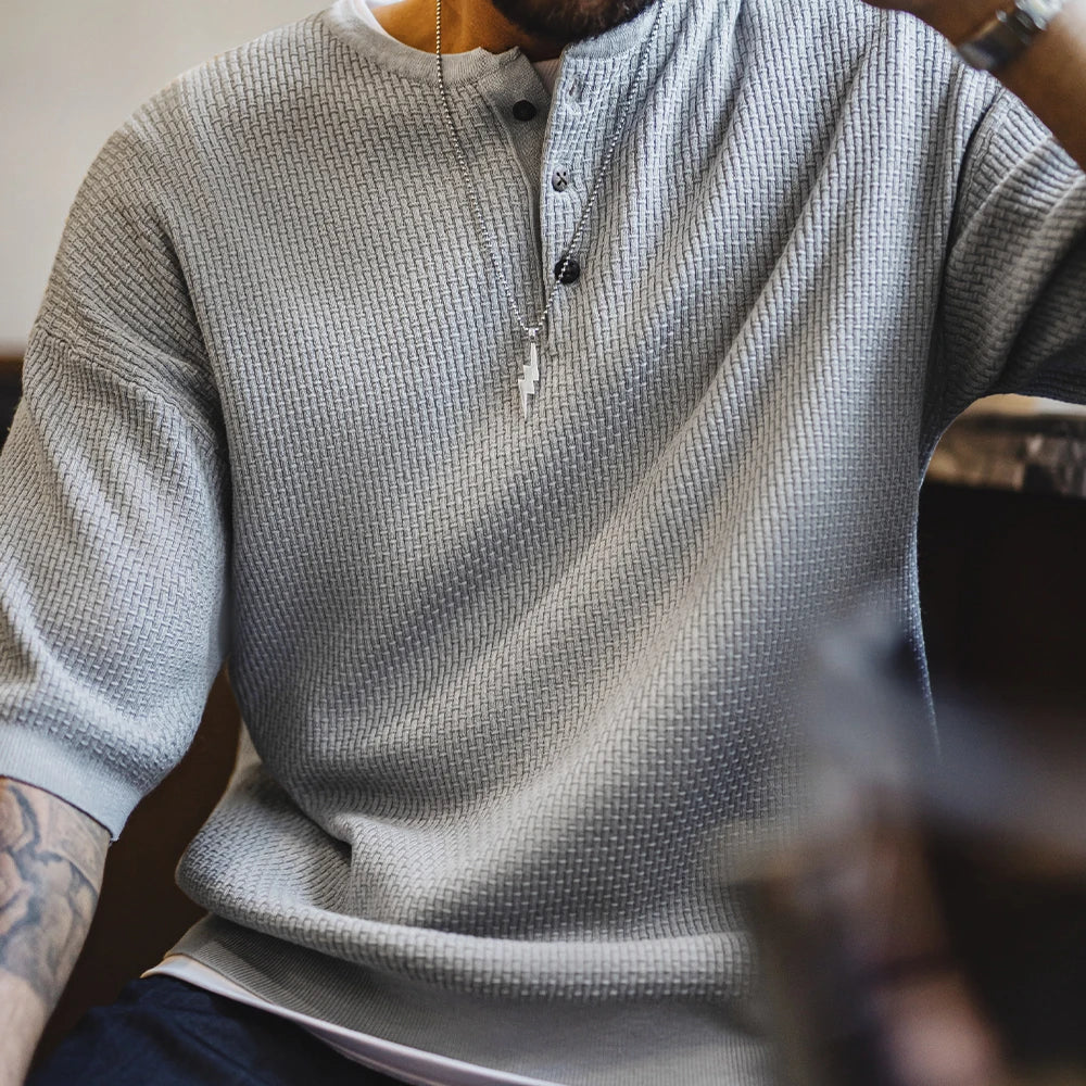 Maden Vintage Boro Style Short Sleeve Henley Shirt Men's Summer Gray Loose Fit Tee Knit Casual Street Versatile Ribbed Hem Tops