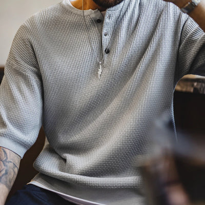 Maden Vintage Boro Style Short Sleeve Henley Shirt Men's Summer Gray Loose Fit Tee Knit Casual Street Versatile Ribbed Hem Tops