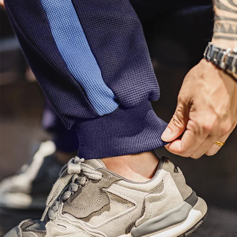 Maden Men's Contrast Joggers Pants Waffle Knit Training Pants with Elastic Cuffs & Drawstring Waist Navy Blue Casual Sweatpants