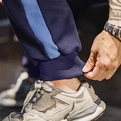 Maden Men's Contrast Joggers Pants Waffle Knit Training Pants with Elastic Cuffs & Drawstring Waist Navy Blue Casual Sweatpants