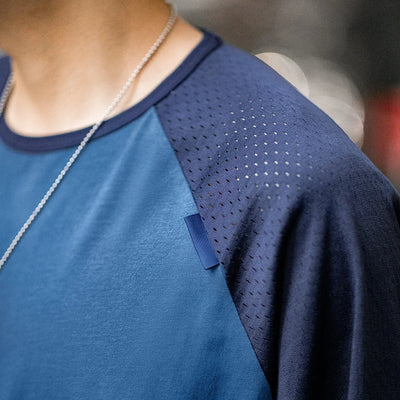 Maden Casual Color-Block Mesh Long Sleeve T-Shirt Men's Spring Round Neck Pullover Breathable Layering Tee Blue Versatile Top