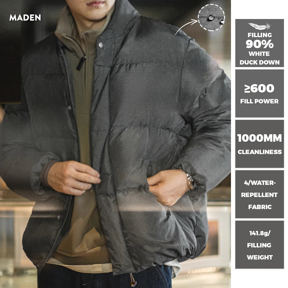 Maden Casual Stand-up Collar Down Jacket 90% White Duck Down Warm Loose Fit Versatile Solid Color Outerwear for Men Winter Coat