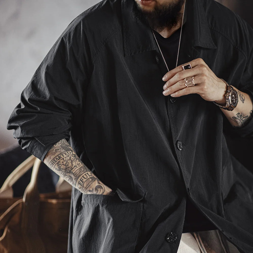 Maden Men's Black Balmacaan Coat Single-Breasted Collar Mid-Length Windproof Overcoat for Spring and Fall Commuter Trench Coat