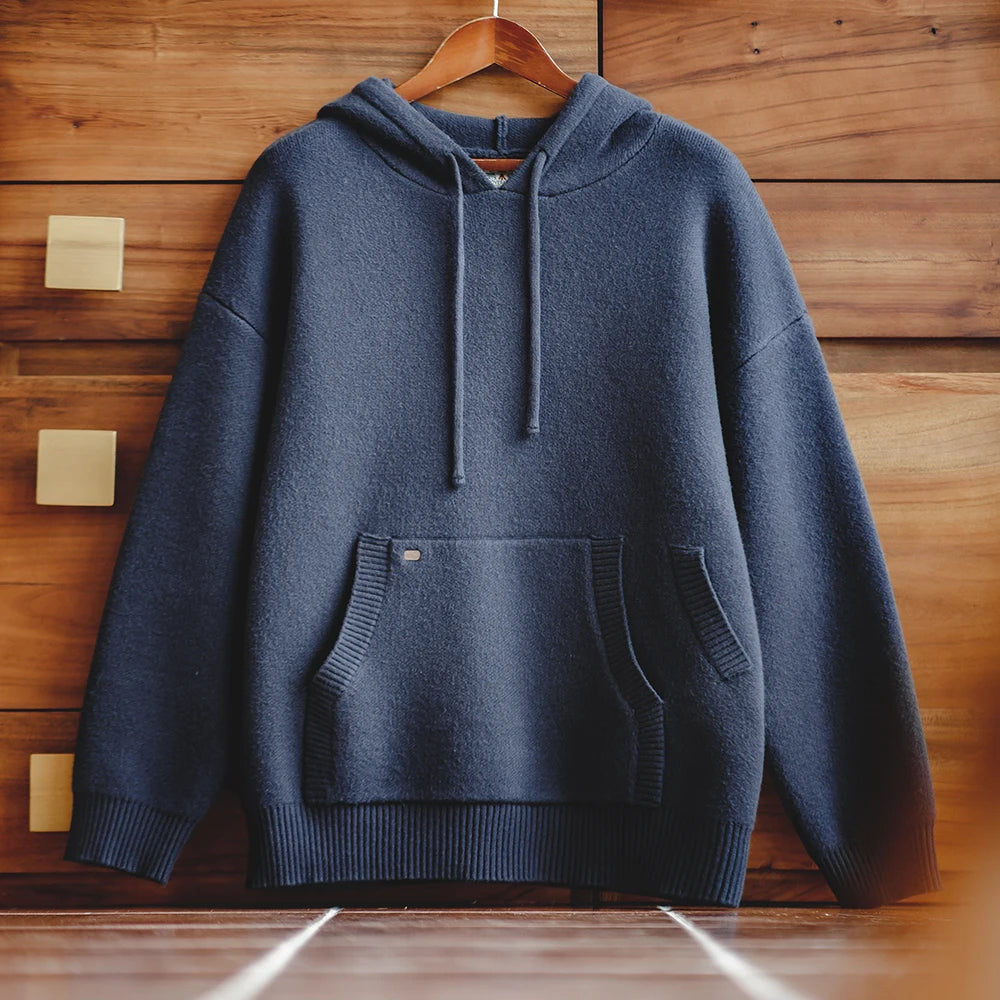 Maden Navy Blue Knitted Hoodie Heavyweight Hooded Knit Pullover Casual Men's Blended Sweater Thickened Outwear Cityboy Workwear