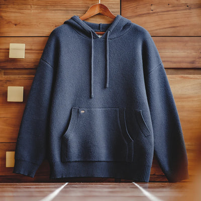 Maden Navy Blue Knitted Hoodie Heavyweight Hooded Knit Pullover Casual Men's Blended Sweater Thickened Outwear Cityboy Workwear