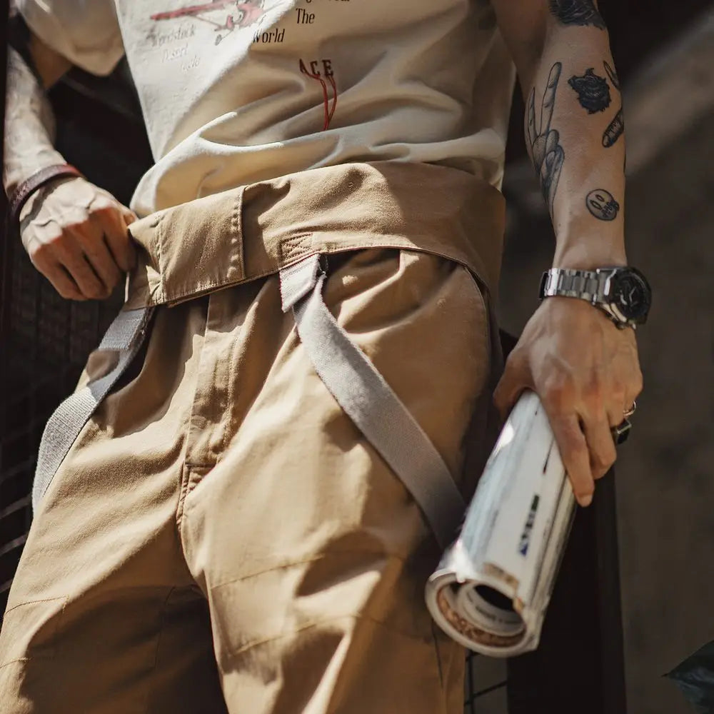 Maden Men's Vintage Heavyweight Khaki Overalls Loose Fit Jumpsuit with Wide Leg Adjustable Straps Workwear Pants for Spring Fall