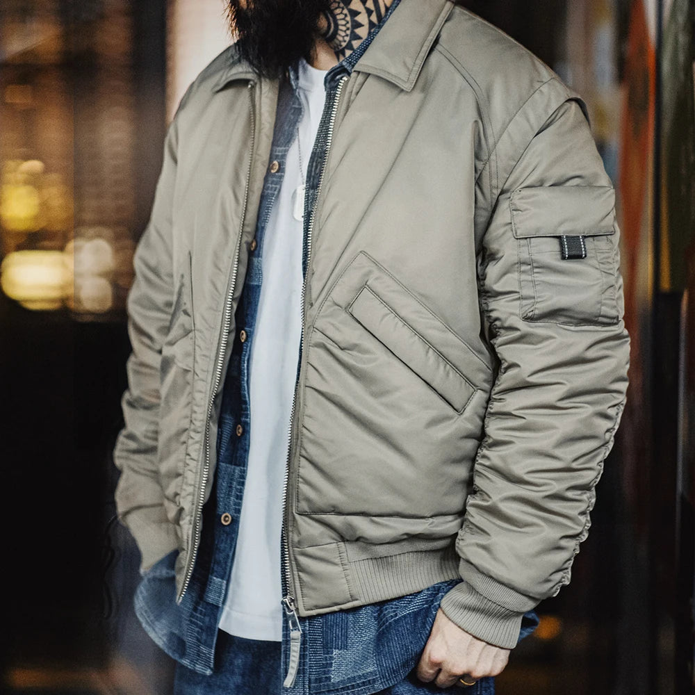 Maden Retro CWU-45P Pilot Jacket Grayish Green Warm Cotton-padded Coat Lapel Versatile Jackets Men's Autumn and Winter Outerwear