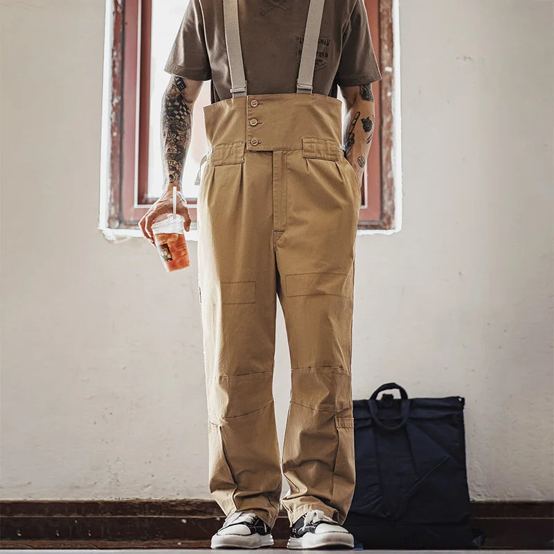 Maden Men's Vintage Heavyweight Khaki Overalls Loose Fit Jumpsuit with Wide Leg Adjustable Straps Workwear Pants for Spring Fall