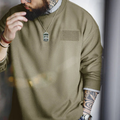 Maden Drop Shoulder Sleeve Waffle T-shirts for Men Casual Round Collar Versatile Layering Sweatshirt Male Long-sleeved Tees