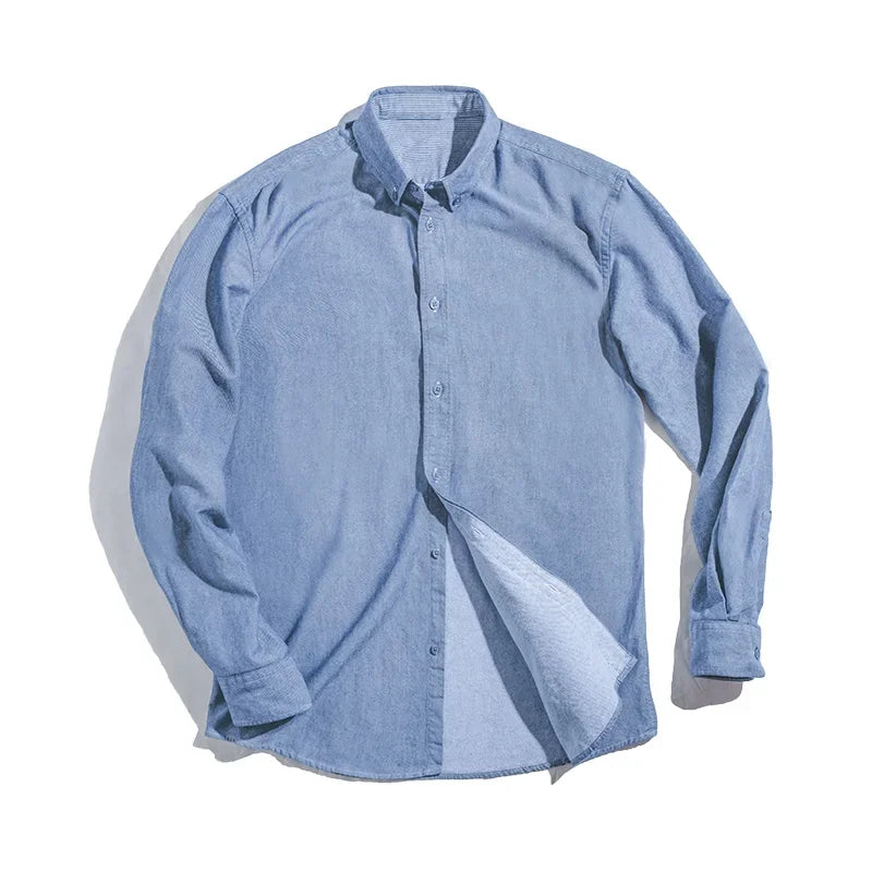Maden Vintage Brushed Long-sleeve Shirts for Men Light Blue Cotton Turn-down Collar Oxford Shirt Male Casual Outerwear Shirts