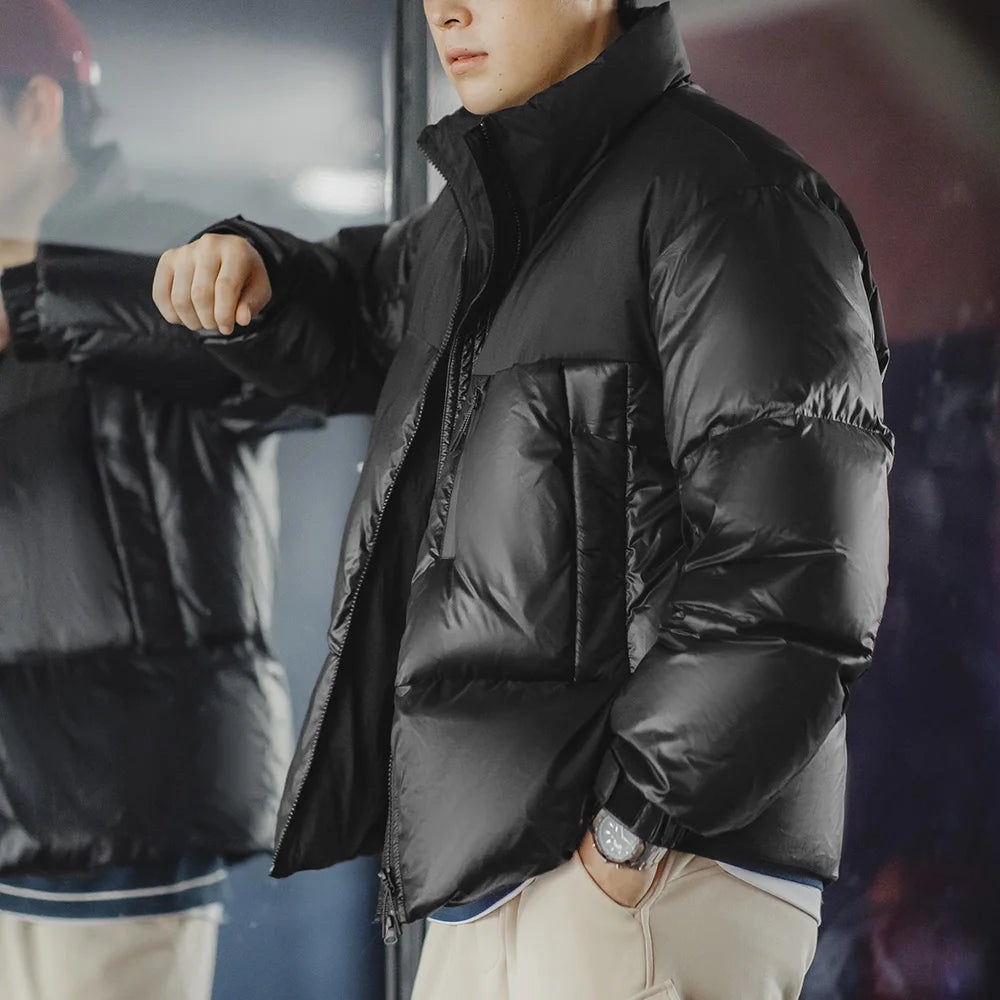 Maden Black Spliced Down Jacket with 90% White Duck Down Stand-up Collar  Thickened and Cold-proof for Men's Winter Warm Coat