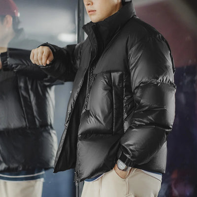 Maden Black Spliced Down Jacket with 90% White Duck Down Stand-up Collar  Thickened and Cold-proof for Men's Winter Warm Coat