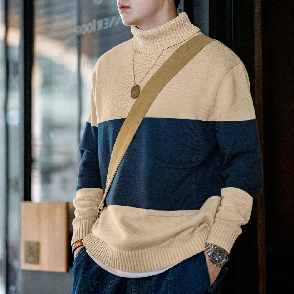 Maden Retro Turtleneck Knitted Sweater Contrasting Color Striped Pullover Warm Versatile Top for Men's Fall and Winter Clothing