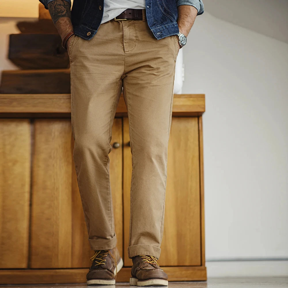 Maden Vintage Heavyweight Khaki Casual Pants Twill Cotton Straight Pants  for Men's Autumn Workwear Classic Zip Fly Trousers