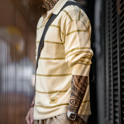 Maden Casual Striped Knitted Polo Shirt Contrast Color Turn-down Collar Half-open Placket Loose Fit Long-sleeved T-shirt for Men