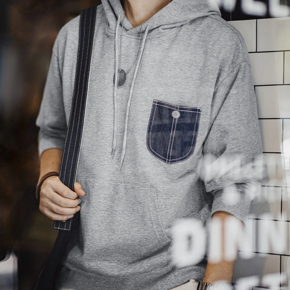 Maden Casual Denim Pocket-Spliced Hooded Sweatshirt Cleanfit Long-Sleeved Sports Top for Men Spring and Fall Versatile Pullover