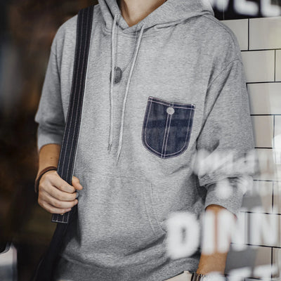 Maden Casual Denim Pocket-Spliced Hooded Sweatshirt Cleanfit Long-Sleeved Sports Top for Men Spring and Fall Versatile Pullover