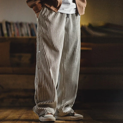 Maden Retro Fall Corduroy Snap-up Sweatpants Loose Elastic Waist Sports Casual Straight-leg Pants for Men's Winter Warm Trousers