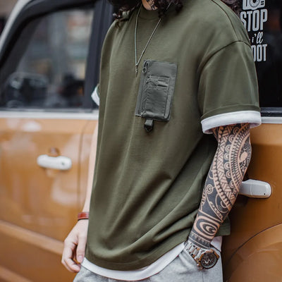 Maden Vintage Style Green Pocket Tee Men's Summer Heavyweight Cotton Knit Short Sleeve Shirt Outdoor Casual Crew Neck T-Shirt