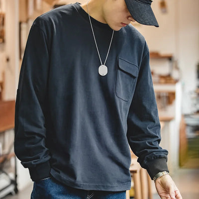 Maden Vintage Long-Sleeve T-Shirt with Suede Elbow Patches and Pocket Loose Fit Crew Neck Cotton Sweatshirt for Men's Autumn Top
